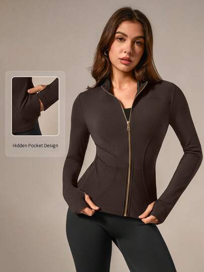 NcmRyu 1件女士金属拉链立领拇指孔长袖运动夹克春季款