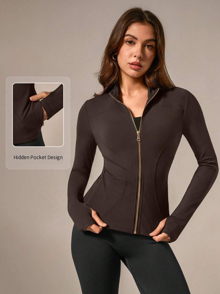 NcmRyu 1 pieza Chaqueta deportiva de mujer con cuello alto, cremallera de metal y agujero para el pulgar, de manga larga, para primavera