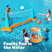 Inflatable Pool Float Set Volleyball Net and Basketball Hoops Floating Swimming Game Toy for and Adults Summer Floaties Volleyball Court 105"x28"x38" Basketball (27.6"x23") L-Orange - Naranja - Ver 5