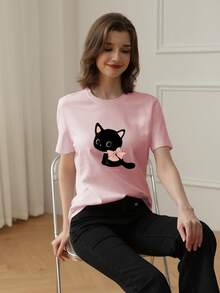 Áo nữ phong cách Gen Z mùa hè mới, áo thun ngắn tay cổ tròn in hình mèo con dễ thương. - Hồng - Xem 2