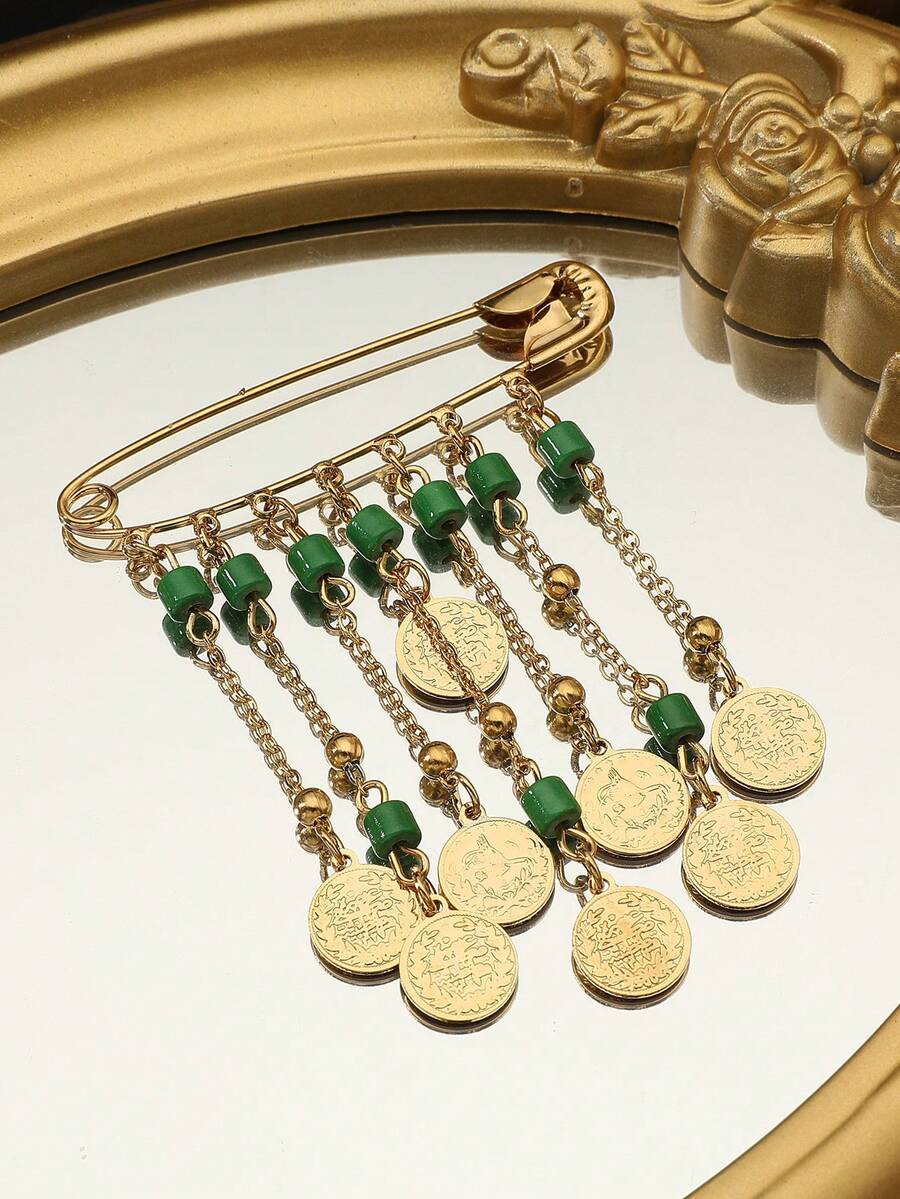 Gold Tassel Vintage Coin Brooch, Mother's Day Gift, Wedding Accessory - Emas - View 1