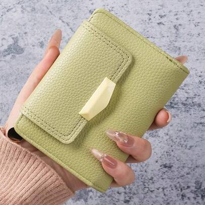 Women's Fresh Avocado Green Litchi Texture PU Leather Mini Wallet, Geometric Button Closure Exterior Pocket Zipper Multi-Card Slots Coin Purse, Summer Daily Commute Gift