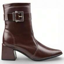 Women's Ankle Boot With Buckle, Medium Block Heel, Comfortable, Pointed Toe, Winter 2026, Formal/Casual - Rust Brown - View 2