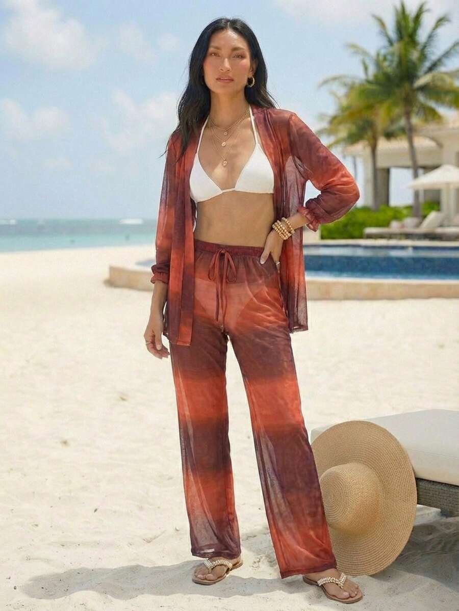 Pearl Beach Cover-Up - Shirt And Adjustable Tulle Pants Set | Summer 2026 - Resort Fashion Blogger Style - Brown 2 - View 1
