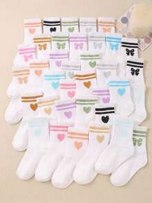 10 Pairs Kids White Random Stripe & Heart Pattern Elastic Soft Socks, Suitable For Daily Life And Sports, Versatile Casual, Breathable And Comfortable, Fit For Children And Teenagers Aged 1-14 Years Old - Multicolor - View 4
