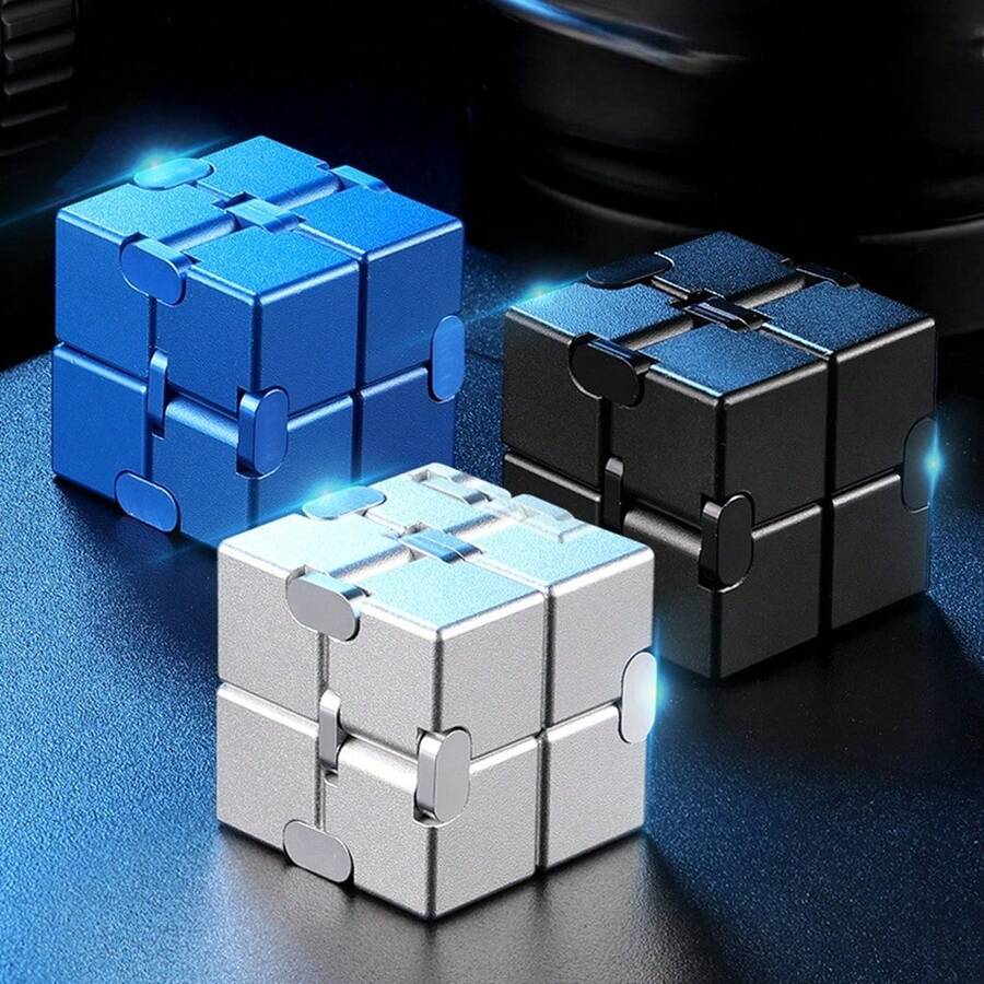 铝合金无限魔方指尖玩具 - 成人减压手指拼图玩具 - 便携式抗焦虑感官设备 - 蓝/银/黑