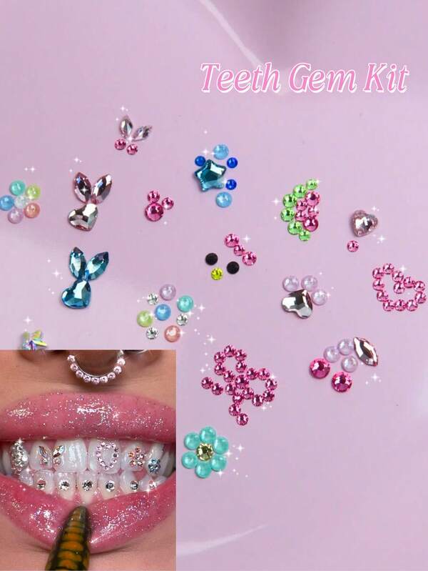 33pcs/Set Geometric Pattern Rhinestone Tooth Jewelry, Retro Y2K Tooth Decor Set, Asymmetrical Tooth Gems Suitable For Daily, Party, Valentine's Day, Unisex (Excluding Glue)