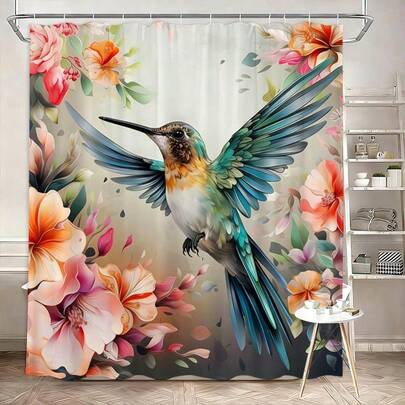 Bộ 4 rèm tắm hình chim ruồi và hoa, họa tiết chim và hoa đẹp mắt, lông vũ, hoa hồng nở rộ, rèm tắm hiện đại, phong cách, bộ rèm cửa sổ phòng tắm, trang trí nhà tắm, bao gồm móc treo.