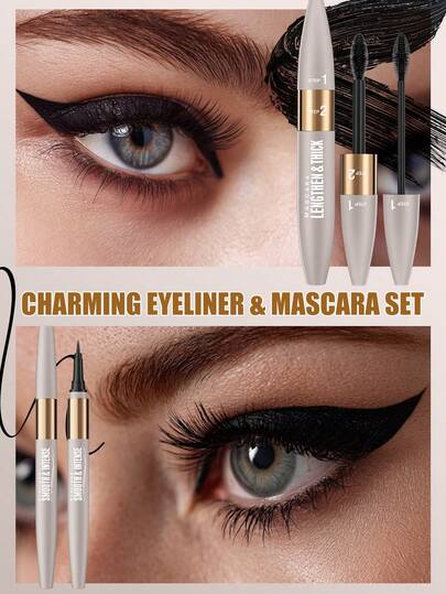 HelloKiss Bộ 2 sản phẩm mascara và kẻ mắt chống thấm nước lâu trôi, mascara làm dày và cong mi, kẻ mắt mịn màng không lem, phù hợp cho người mới bắt đầu, sử dụng hàng ngày, dự tiệc, ngày lễ, quà tặng Ngày của Mẹ.