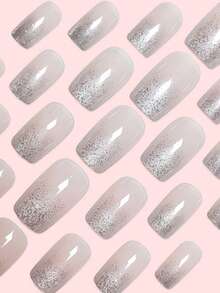 24pcs Press On Nails Medium Square French Nails Y2k Light Gray Nails Glitter Reusable Press On Acrylic Nails Fake Nails Supplies Free Of 24 Pieces Of Jelly Tabs And A Mini File - Light Grey - View 3