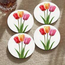 4 piezas Posavasos redondos con estampado de tulipanes 2D, material de PET, adecuados para patio, cocina, sala de estar, reuniones en el hogar, decoración de mesa, regalo para amigos y familiares, ideal para el Día de San Valentín, boda, Día de la Madre, fiesta de cumpleaños, accesorios de decoración del hogar - Multicolor A - Ver 9