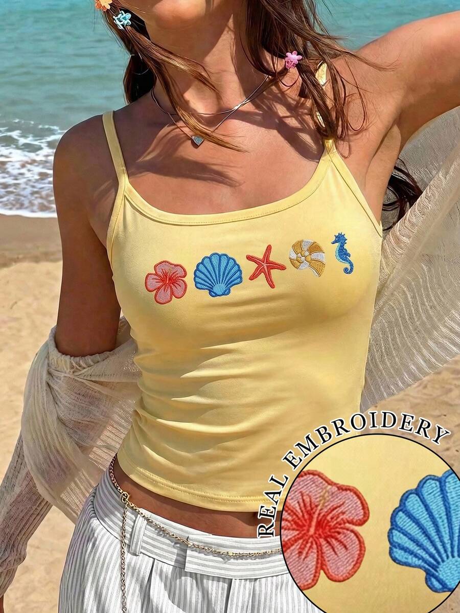 Áo hai dây crop top thêu họa tiết phong cách Y2K mùa hè dành cho nữ, màu đen, kiểu dáng thường ngày. - màu đen - Xem 1