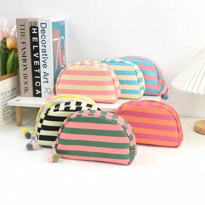 1 件装，卡通多色条纹贝壳化妆包，大容量多巴胺收纳袋，适合旅行、时尚、简约的化妆品收纳袋，适用于幼儿园、学校、儿童、学生、男孩女孩、家庭、户外派对、聚会、舞会等场合，可通用收纳文具、玩具、手机、饰品、小玩意等，多功能包袋套装