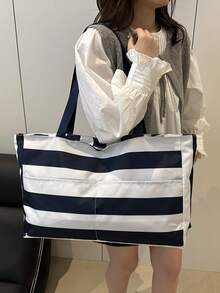 Striped Bohemian Large Capacity Tote Bag, Waterproof Beach Bag, Spacious Handbag, Travel Canvas Bag - Navy Blue - View 6