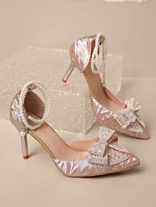 Champagne High Heel Shoes, Fashion Rhinestone Bow Decor, Pointed Toe Slip-On, Buckle Strap Chunky Heel High Heels, Fairy Style, Spring/Summer New Arrival, Champagne Stiletto High Heel Sandals, Kitten Heel Women Shoes, Sexy Formal High Heels, Suitable For Dresses And Cheongsam - Champagne - View 3
