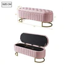 Sofa Cover And Footstool With Storage 120 X 40 Cm, Upholstered Footstool With Storage Space, Sofa Bench, Beige Velvet Fabric - Pink - View 6
