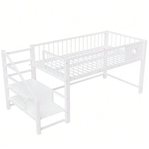 Low Loft Bed For Children (90 X 200 Cm), With Storage Ladder, Sturdy Metal Frame, Suitable For Children And Teenagers, Pink - 白色 - View 1