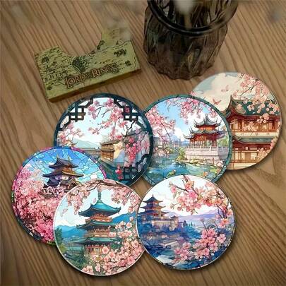 2D FLAT 6pcs/Set Japanese Cherry Blossom & Landscape Wooden Coasters - 10cm, 3/5mm Thick, Perfect For Tea, Coffee & Beverages - Ideal Home Decor Housewarming Gift, Decorate Bedroom, Living Room, Kitchen, Garden, Office, Gift For Parents & Friends, Available In 1 Set, 2 Sets Or 3 Sets