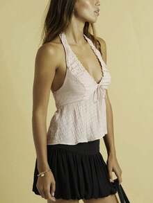 Women V-Neck Cami Tops Solid Color Flower Tank Tops - Pink - View 3