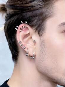 10个/包 不锈钢螺旋穿孔耳环，条形耳环，C形耳环，扁平耳环，螺旋耳环，人体饰品 - 銀色 - 查看 2