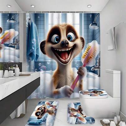 1/4pcs Cartoon Ferret Shower Curtain - Vibrant Blue & White Design, Bathroom Window Curtain Shower Set With Soap Bubbles, Machine Washable Polyester Fabric, Suitable For All Seasons, Includes Hooks, Ideal For Bathroom Decor, Bathroom Curtain | Playful Animal Design | Durable Shower Curtain Set, Home Decor, Bathroom Decor