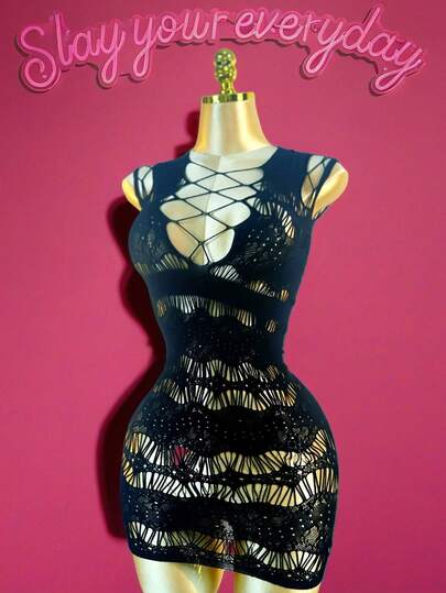 1pc Women's Sexy Lingerie Cover-Up, Non-Bikini Style, Sexy Fishnet Hollow-Out Bodycon Dress, Suitable For Music Festivals, Valentine's Day And Other Occasions, Sheer Beach Outfit, Summer Women's Swimwear