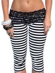 Lace Lettuce Trim Mid Waist Capri Leggings For Women Stripe Elastic Waist Ruffles Hem Tight Slim Fit Cropped Pants Coquette Leggings - 黑色 - 查看 3