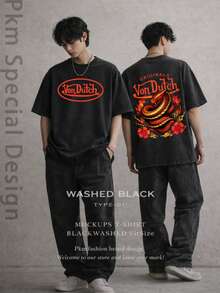 Men Black Washed Vintage Streetwear 100 Percent Cotton T Shirt Dragon And Flower Graphic With Vons Dutchs Text Casual Wear For Daily Outfits | Front And Back Print | Retro Heavyweight Tee | Perfect Gift | Loose Comfortable Breathable | Machine Washable Fabric | Hip Hop Cool Style | Drippy Clothes | Y2K Fashion - 黑色 - 查看 4