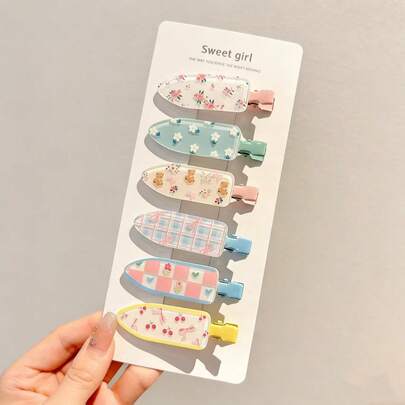 6pcs Fashionable Charming Summer Plaid & Polka Dot Seamless Hair Clips For Women, Bangs & Side Hair Styling, Cute Hair Accessories (No Card),Holiday,Travel
