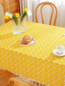 MineLain 1pc Bohemian Yellow Geometric Tablecloth, Rectangular Tablecloth With Beige Tassel Decor, Washable, Suitable For Coffee Table, Bedside Cabinet, Dining Table Decoration, Home Decor, Dining, Gathering, Party And Holiday Events, Daily Home Decor, Spring/Summer - Yellow - View 12