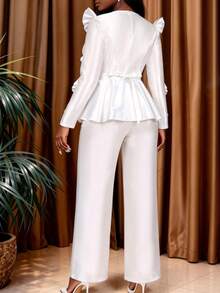 Bộ đồ 2 mảnh AOMEI thanh lịch dành cho nữ, màu trắng satin, cổ tròn, tay dài, áo peplum xếp ly thắt dây và quần cạp cao, thích hợp cho các dịp thường ngày hoặc dự tiệc. - trắng - Xem 2