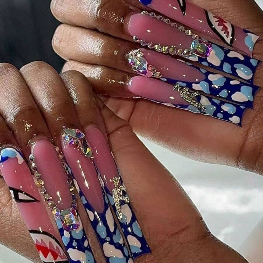 Wearable Shark-Patterned Blue And White Wearable Nail Stickers, 24 Pieces, A Top Choice For Gifts And Parties. - 藏青色 - 查看 1