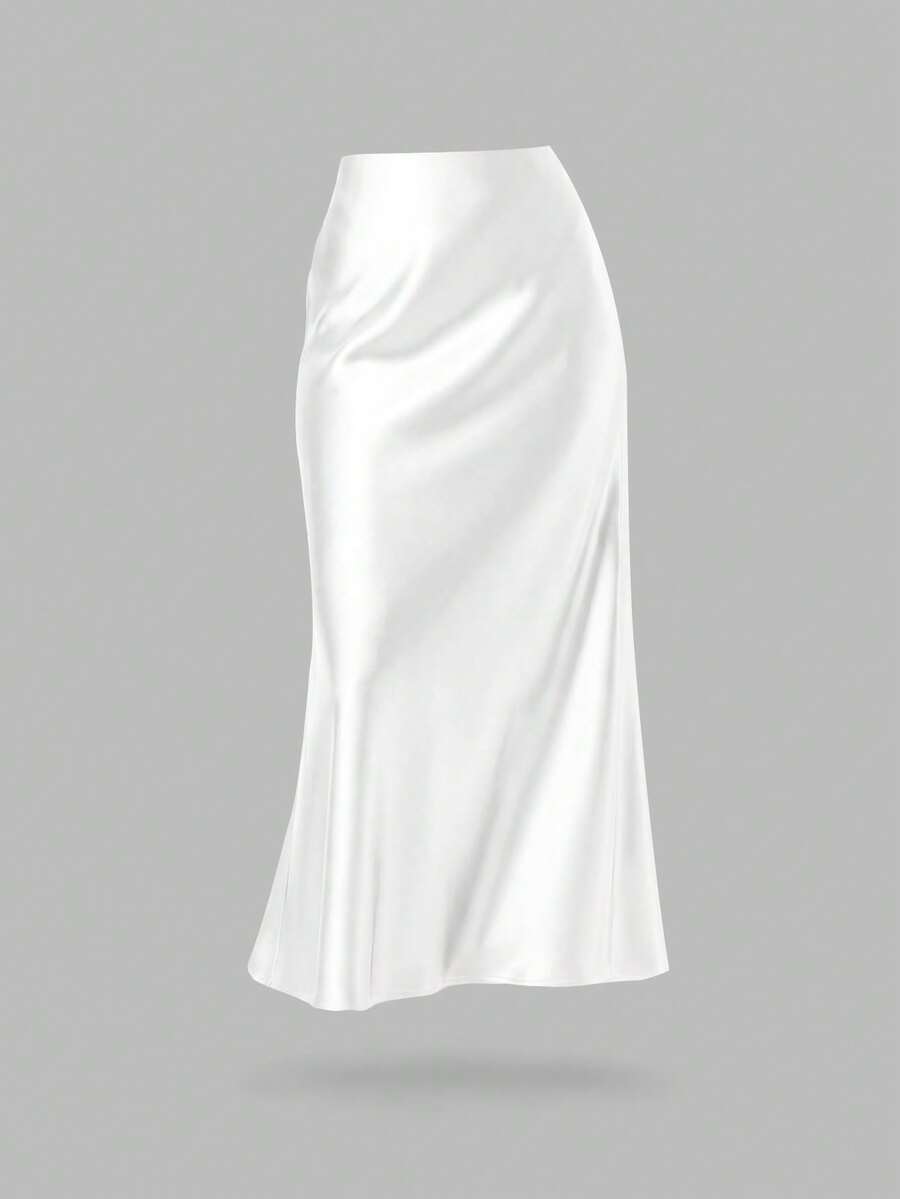YROOE 时尚女士休闲简约优雅弹力缎面A字半身裙 白色 春季 - 白色 - 查看 1