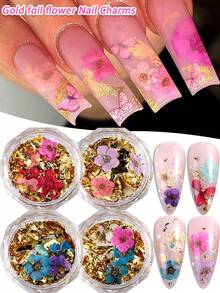 春夏花卉美甲裝飾，彩色花卉美甲裝飾，盛開花卉美甲藝術搭配3D不對稱金色箔裝飾，女性美甲用品 - 彩色 - 查看 2