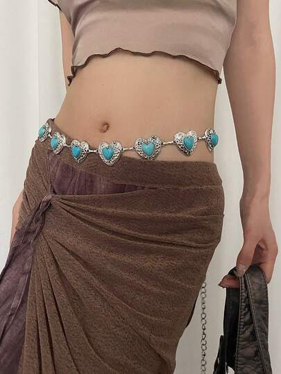 1件复古拼布心形镶嵌银合金腰链