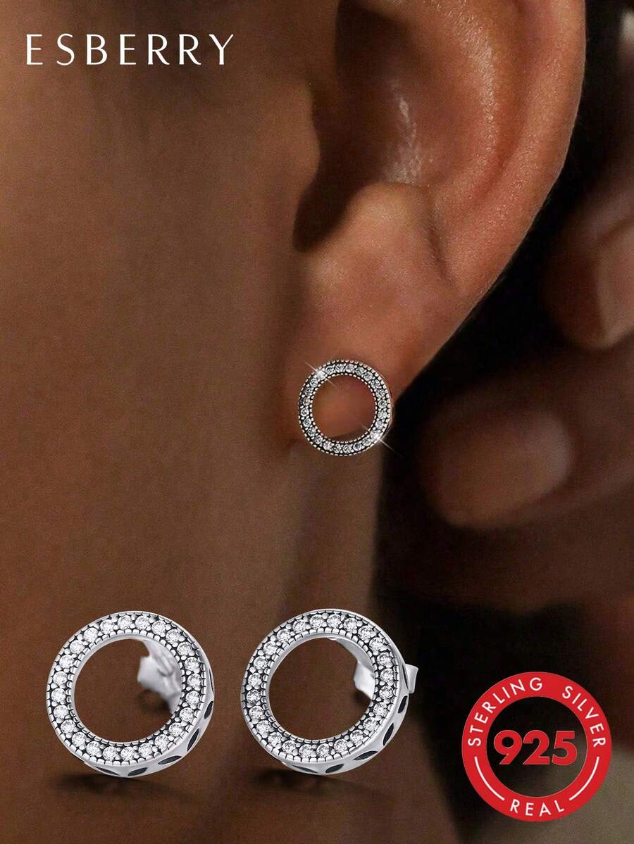 ESBERRY 1 Pair S925 Sterling Silver Cubic Zirconia Round Earrings, Exquisite Jewelry, Gift For Women