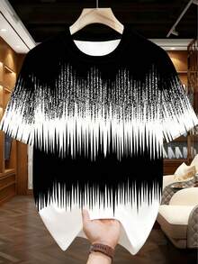 2pcs/Set Summer Men's Big & Tall Plus Size Set, Black & White Gradient Ripple Print Top And Shorts, Fashionable High Street Casual Outfit Sports - Black and White - View 3