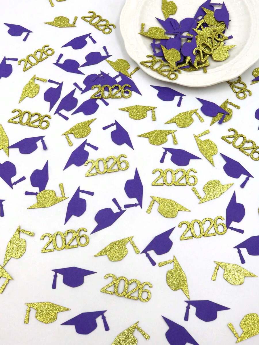 100片2026毕业派对彩纸屑，金色闪光和紫色毕业帽桌面装饰，高中和大学2026毕业派对用品 - 紫金色 - 查看 1