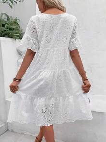 Woman Casual Women's Embroidered Hollow Short Sleeve Round Neck Ruffle Sleeve Waist Dress - 白色 - 查看 2