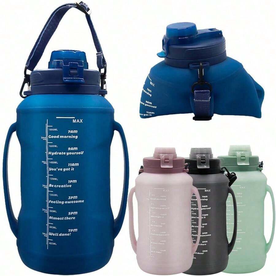 64oz Foldable Sports Water Kettle With Silicone Straw, Roll-Up Design, Drop & High-Temp Resistant For Outdoor Camping & Hiking - Black - View 1