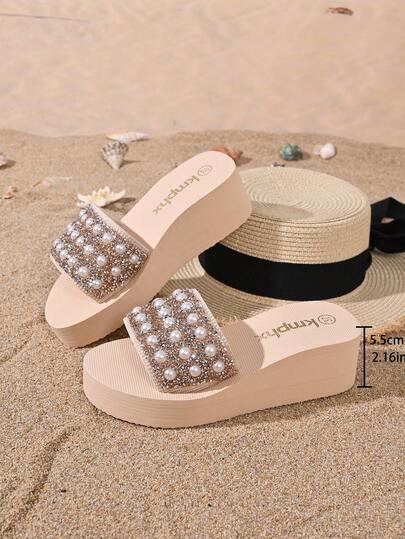 女士厚底拖鞋，时尚简约单带厚底沙滩拖鞋，韩版厚底轻便珍珠