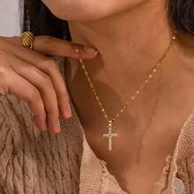 1 pieza Collar con colgante de cruz de moda para mujer, colgante de cruz de Jesús - Amarillo Oro - Ver 1