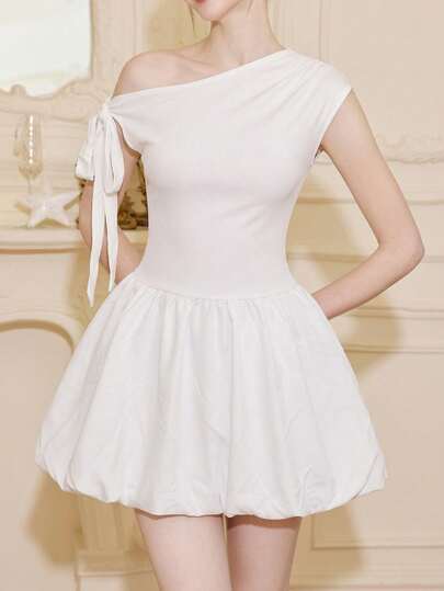 One Shoulder Tie Strap Bubble Hem Mini Dress White Party Dress, Summer Vacation Graduation Birthday Outfits