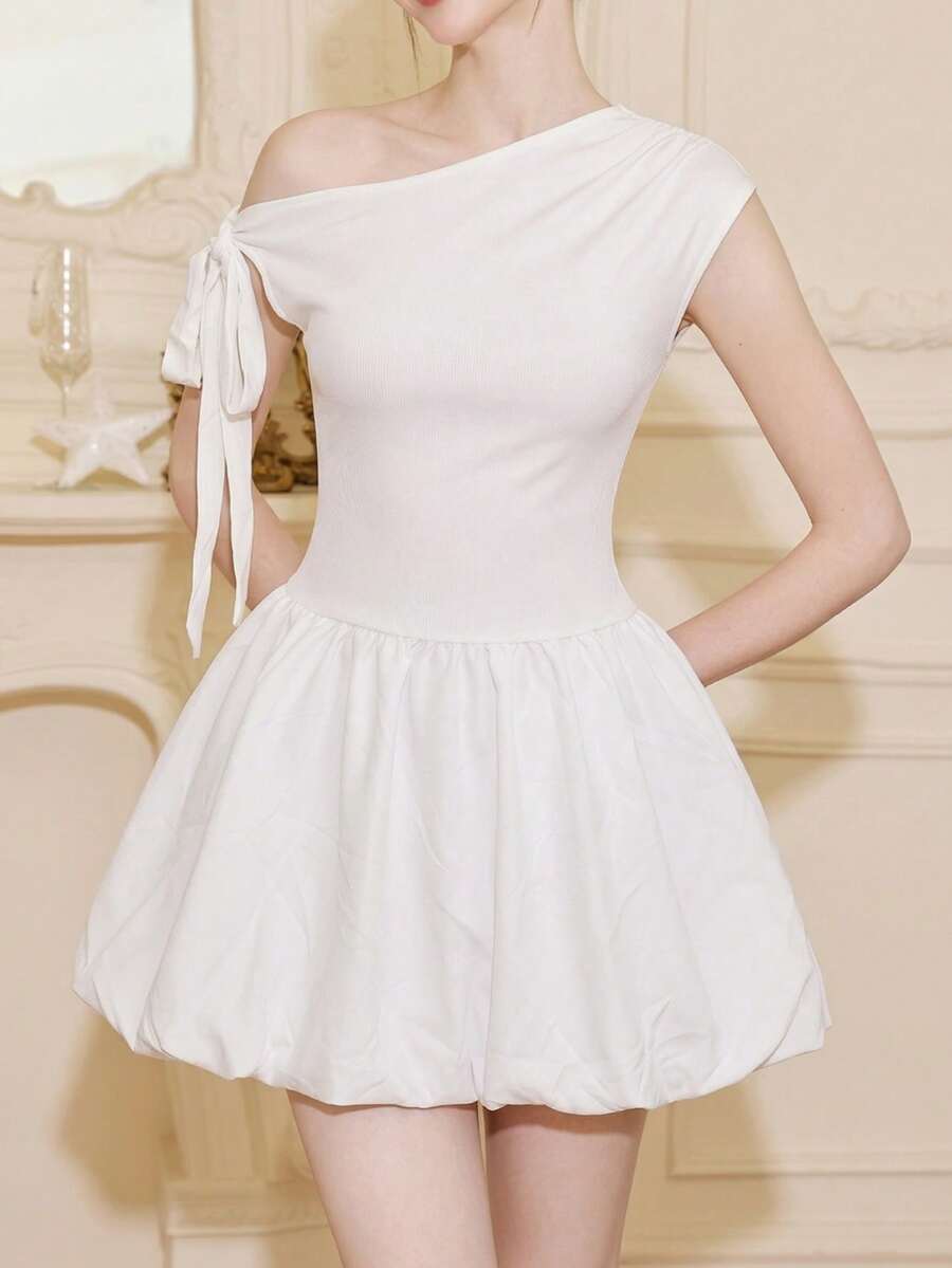 One Shoulder Tie Strap Bubble Hem Mini Dress White Party Dress, Summer Vacation Graduation Birthday Outfits - White - View 1