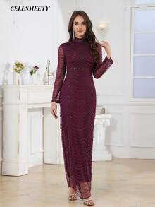Luxury Elegant Purple Sequin Beaded Stand Collar Long Sleeve Evening Gown, Suitable For Party, Wedding, New Year, Thanksgiving - Purple - View 3