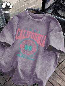 女士字母印花圆领休闲百搭日常短袖T恤 夏季 - 淡紫色 - 查看 4