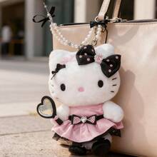 Miniso 1pc Hello Kitty Sparkling Party Series Plush Ornament (Heart-Shaped Mirror/Hugging Heart), Official IP, Pink And Black, Sweet And Chic Plush + Metal Material Keychain Accessory - Multicolor - View 3