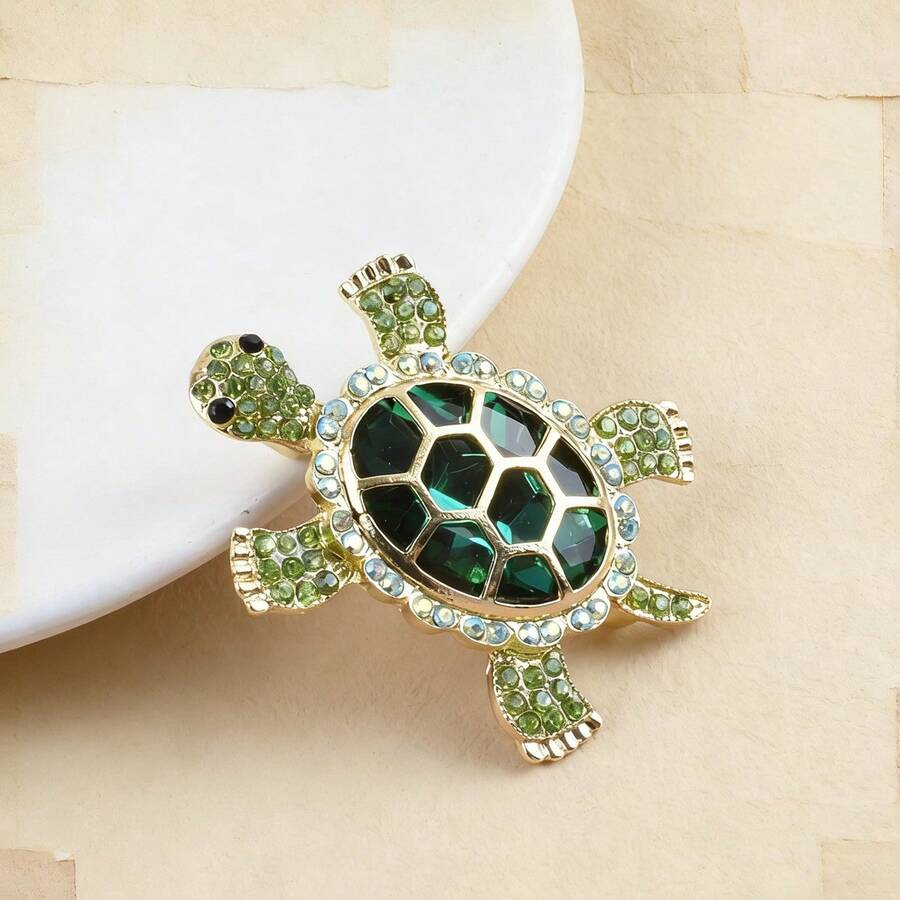 Cute Crystal Studded Sea Turtle Brooch, Ocean Animal Suit Accessory Lapel Pin, Suitable For Party Wear And Gift Giving - Green - View 1