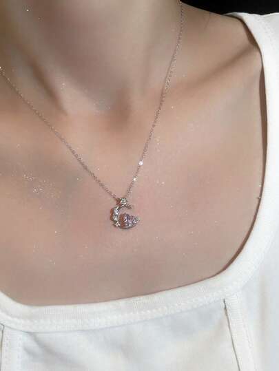 1pc S925 Sterling Silver Delicate Sweet Cute Versatile Creative Pink Heart & Zirconia Star Moon Necklace, Suitable For Women, Party, Valentine's Day Gift