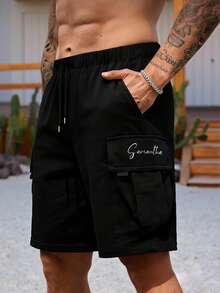 Men's Casual Letter Print Sports Shorts, Suitable For Daily Wear And Commuting In Summer - Black - View 2
